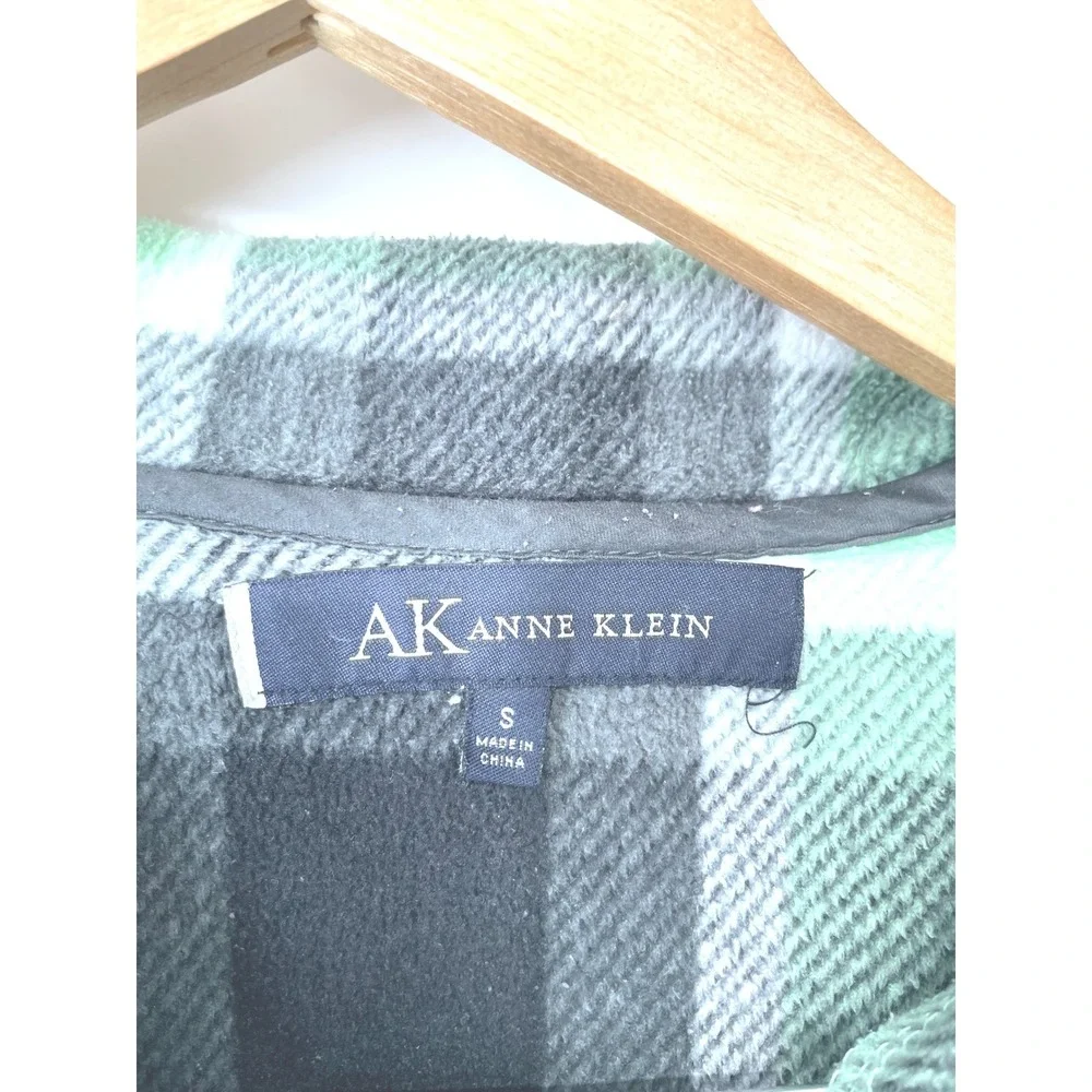 Anne Klein Women Pajama Set S Fleece Green Plaid‎ Button Down Cozy